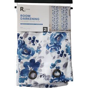 R Home Spring Floral Blackout Window Grommet Curtain Panel Pair White Blue 37x84